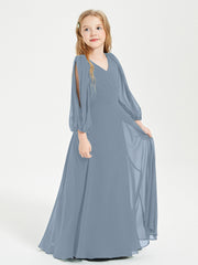 Long Sleeves Modest Junior Bridesmaid Dresses Dusty Blue