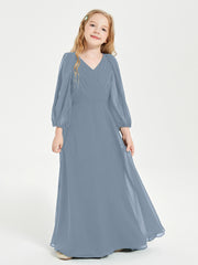 Long Sleeves Modest Junior Bridesmaid Dresses Dusty Blue