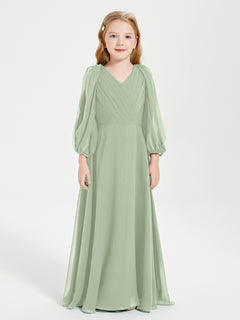 Long Sleeves Modest Junior Bridesmaid Dresses Dusty Sage