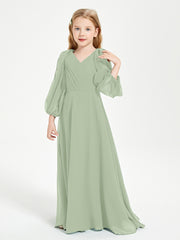 Long Sleeves Modest Junior Bridesmaid Dresses Dusty Sage