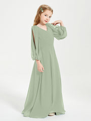 Long Sleeves Modest Junior Bridesmaid Dresses Dusty Sage