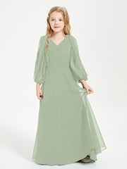 Long Sleeves Modest Junior Bridesmaid Dresses Dusty Sage