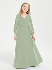 Long Sleeves Modest Junior Bridesmaid Dresses Dusty Sage