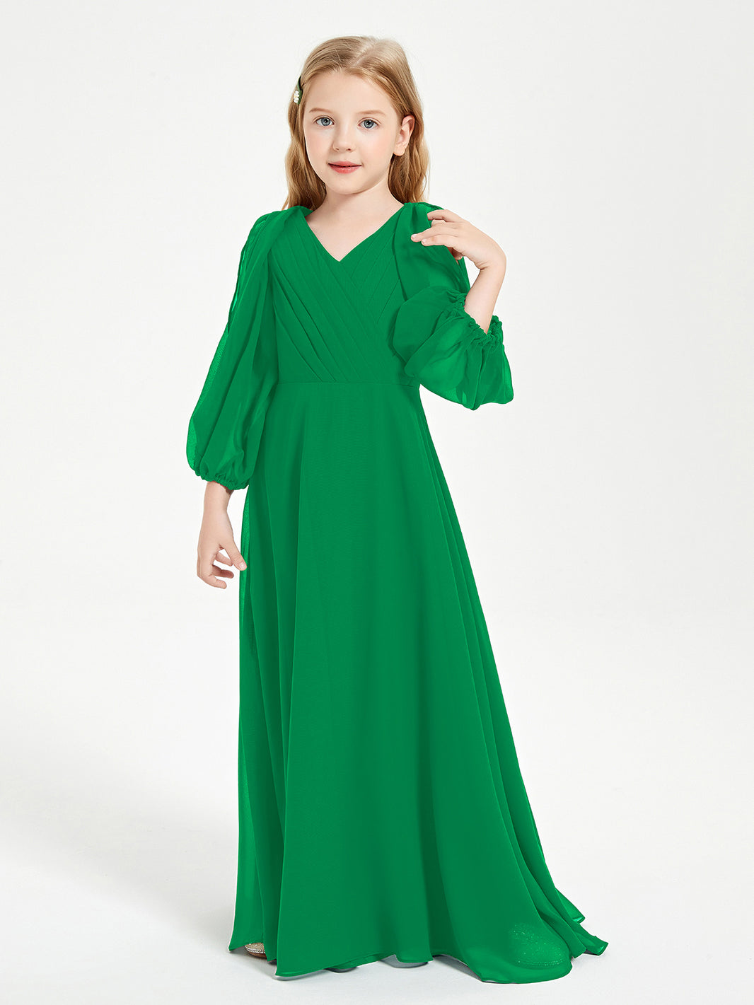 BABARONI Chiffon Emerald Junior Bridesmaid Dresses A-line V-neck Long  Sleeve Pleated Ruched Floor-length