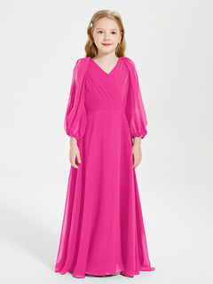 Long Sleeves Modest Junior Bridesmaid Dresses Fuchsia