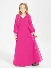 Long Sleeves Modest Junior Bridesmaid Dresses Fuchsia