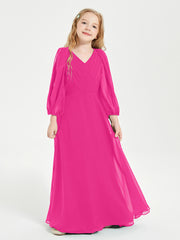 Long Sleeves Modest Junior Bridesmaid Dresses Fuchsia