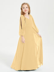 BABARONI Chiffon Gold Junior Bridesmaid Dresses A-line V-neck Long Sleeve Pleated Ruched Floor-length BABARONI Chiffon Gold Junior Bridesmaid Dresses A-line V-neck Long Sleeve Pleated Ruched Floor-length