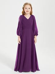 BABARONI BABARONI Chiffon Grape Junior Bridesmaid Dresses A-line V-neck Long Sleeve Pleated Ruched Floor-length, Grape / J4 BABARONI BABARONI Chiffon Grape Junior Bridesmaid Dresses A-line V-neck Long Sleeve Pleated Ruched Floor-length, Grape / J4