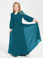 Long Sleeves Modest Junior Bridesmaid Dresses Ink Blue