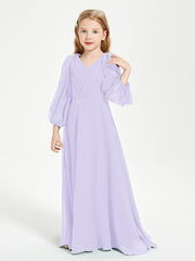 BABARONI Chiffon Lilac Junior Bridesmaid Dresses A-line V-neck Long Sleeve Pleated Ruched Floor-length, Lilac / J4