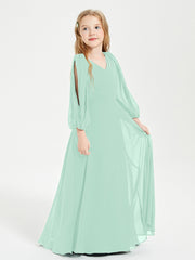 Long Sleeves Modest Junior Bridesmaid Dresses Mint Green
