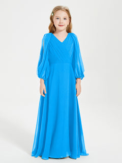 Long Sleeves Modest Junior Bridesmaid Dresses Ocean Blue