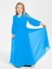 Long Sleeves Modest Junior Bridesmaid Dresses Ocean Blue