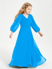 Long Sleeves Modest Junior Bridesmaid Dresses Ocean Blue
