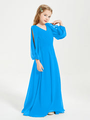 Long Sleeves Modest Junior Bridesmaid Dresses Ocean Blue