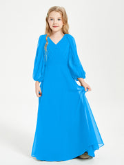 Long Sleeves Modest Junior Bridesmaid Dresses Ocean Blue