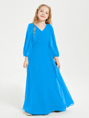Long Sleeves Modest Junior Bridesmaid Dresses Ocean Blue