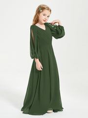 Long Sleeves Modest Junior Bridesmaid Dresses Olive Green