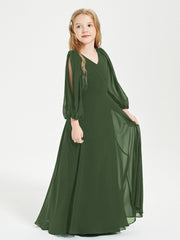 Long Sleeves Modest Junior Bridesmaid Dresses Olive Green