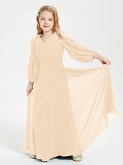 Long Sleeves Modest Junior Bridesmaid Dresses Peach