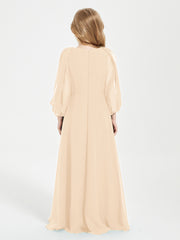 Long Sleeves Modest Junior Bridesmaid Dresses Peach