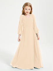 Long Sleeves Modest Junior Bridesmaid Dresses Peach