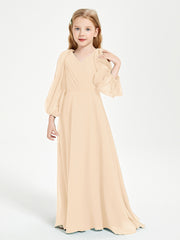 Long Sleeves Modest Junior Bridesmaid Dresses Peach