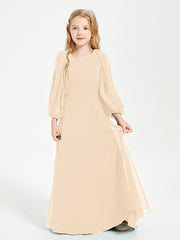Long Sleeves Modest Junior Bridesmaid Dresses Peach