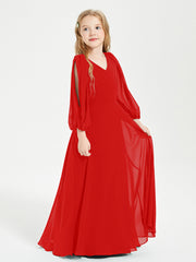 Long Sleeves Modest Junior Bridesmaid Dresses Red