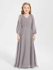 Long Sleeves Modest Junior Bridesmaid Dresses Silver