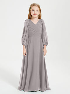 Long Sleeves Modest Junior Bridesmaid Dresses Silver