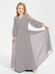 Long Sleeves Modest Junior Bridesmaid Dresses Silver