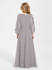 Long Sleeves Modest Junior Bridesmaid Dresses Silver