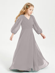 Long Sleeves Modest Junior Bridesmaid Dresses Silver