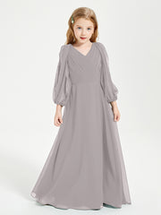 Long Sleeves Modest Junior Bridesmaid Dresses Silver