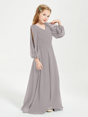 Long Sleeves Modest Junior Bridesmaid Dresses Silver