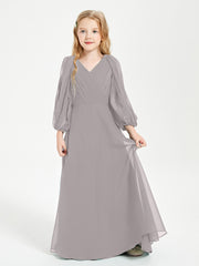 Long Sleeves Modest Junior Bridesmaid Dresses Silver