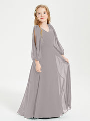 Long Sleeves Modest Junior Bridesmaid Dresses Silver