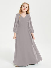 Long Sleeves Modest Junior Bridesmaid Dresses Silver