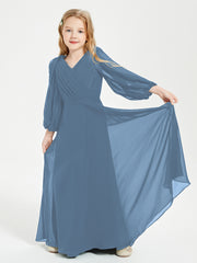 Long Sleeves Modest Junior Bridesmaid Dresses Slate Blue