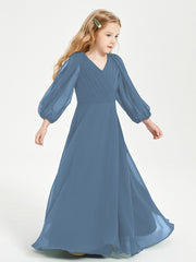 Long Sleeves Modest Junior Bridesmaid Dresses Slate Blue