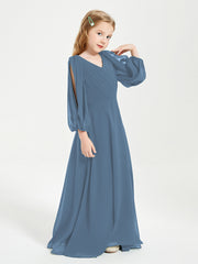 Long Sleeves Modest Junior Bridesmaid Dresses Slate Blue