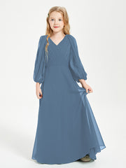Long Sleeves Modest Junior Bridesmaid Dresses Slate Blue