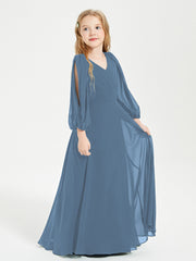 Long Sleeves Modest Junior Bridesmaid Dresses Slate Blue