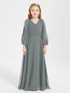 Long Sleeves Modest Junior Bridesmaid Dresses Steel Grey