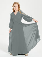 Long Sleeves Modest Junior Bridesmaid Dresses Steel Grey