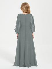 Long Sleeves Modest Junior Bridesmaid Dresses Steel Grey