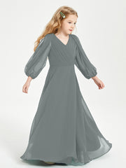 Long Sleeves Modest Junior Bridesmaid Dresses Steel Grey