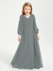 Long Sleeves Modest Junior Bridesmaid Dresses Steel Grey
